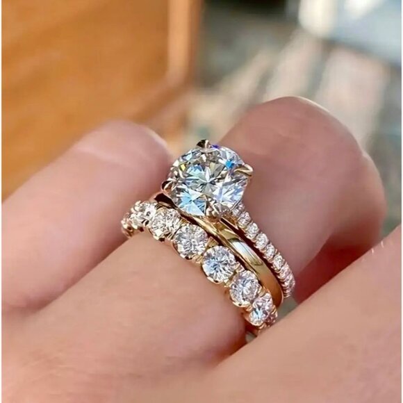 Independent Jewelry - 18K Gold Plated Sparkling Solitaire & Eternity Ring Set Of 3 Size 6